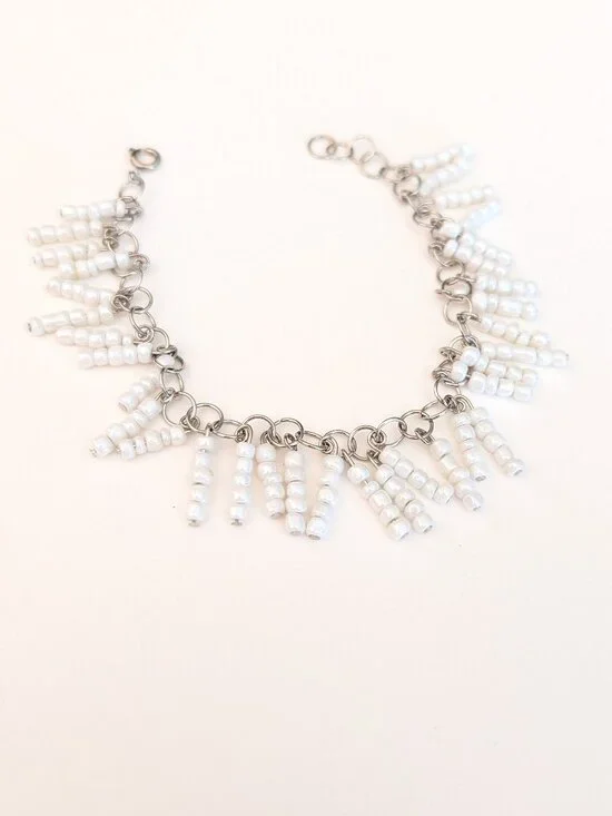 White beaded hanging fringe silver tone bracelet - Picture 8 of 8
